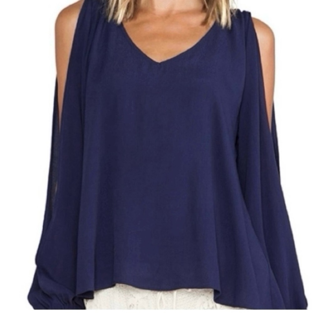 Mittoshop- Navy Crepe Top with Scoop Neckline and Cutout Sleeves